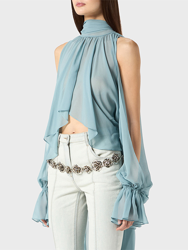 Sheer Sleeve Asymmetric Hem High Turtleneck Blouses