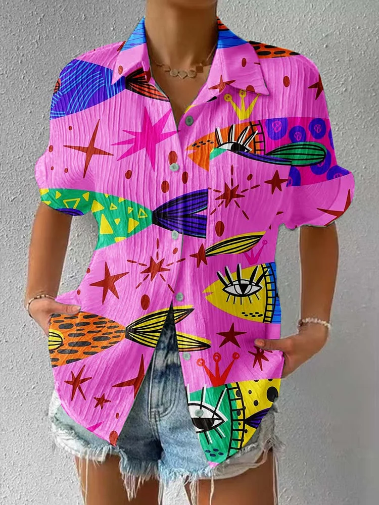 Womens Art Fish Pattern Short Sleeve Textured Shirt