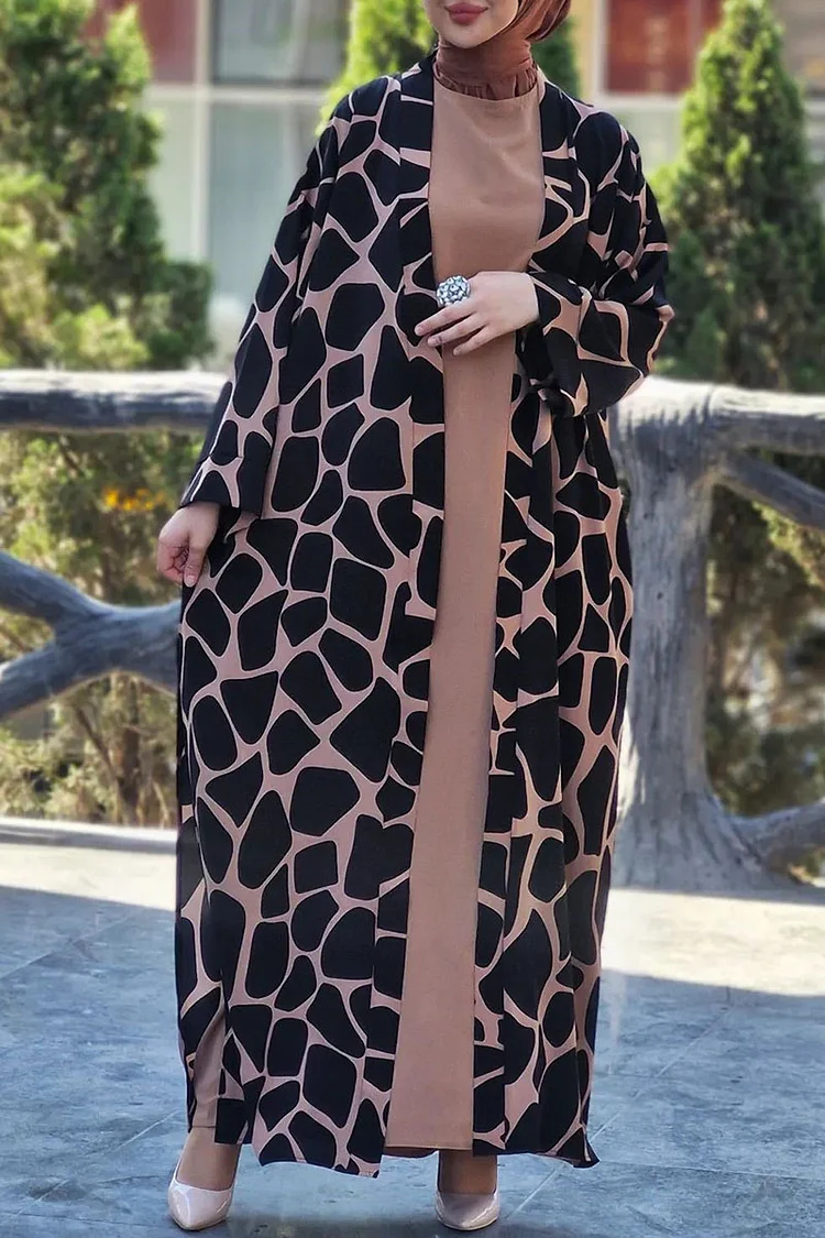 Plain Maxi Dresses Slit Pattern Print Abaya Matching Set [Pre Order]