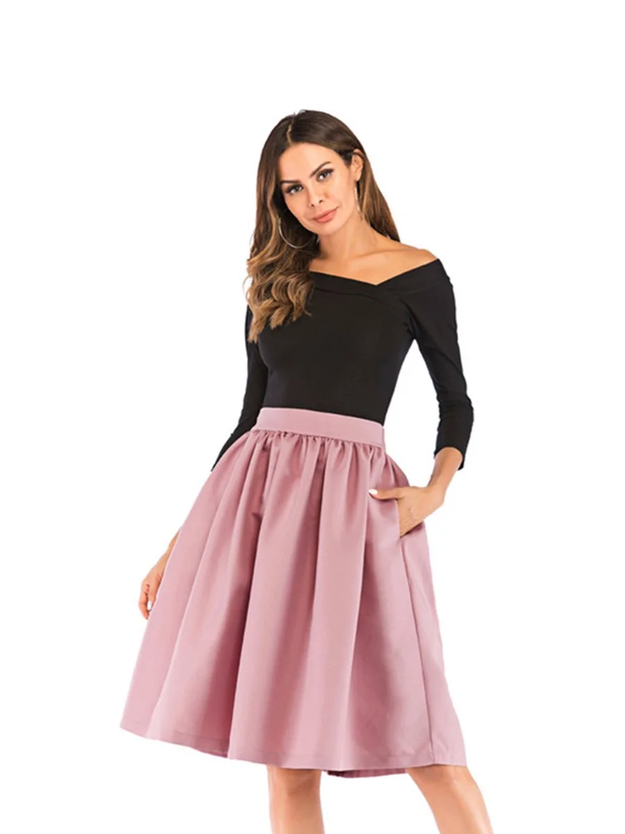 Vintage Skirt Solid Color High Waist Pleated Pockets Skirt