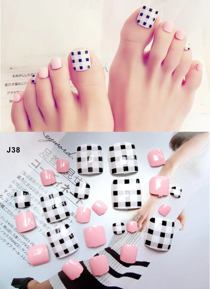 24 Pcs/Set Fresh Style Toe Fake Nails 3D Foot Full Toes Nail Art Tips False Nails  for Lady Girls Toenails Press on Nail-Nail Inspo
