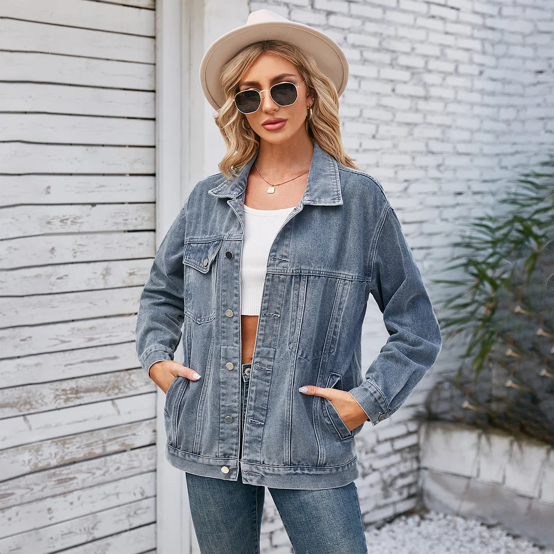Women's Loose Denim Jacket Blue Black with Adjusted Hoode
