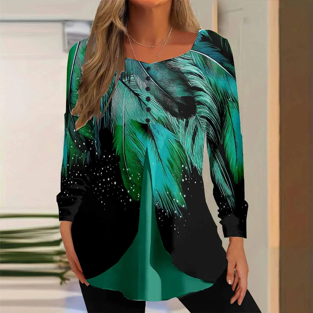 Women Floral,Green DZGG8352 Long Sleeve Scoop Neck Printed Graphic Button Fake 2in1 Tops