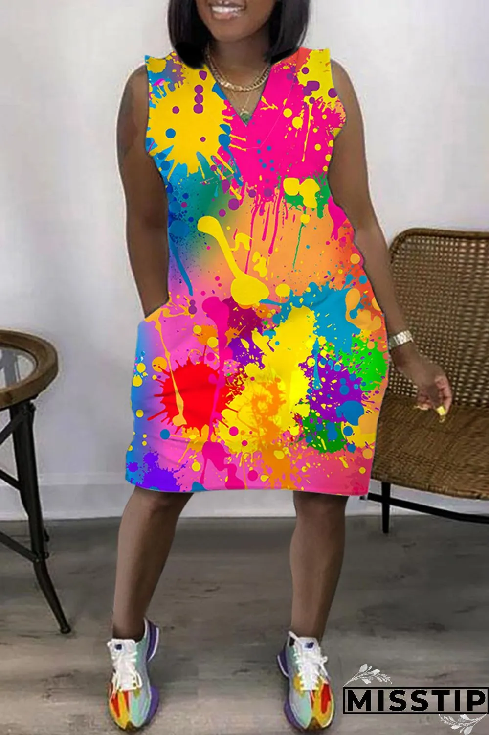 Purple Casual Print Patchwork V Neck Sleeveless Dress Dresses