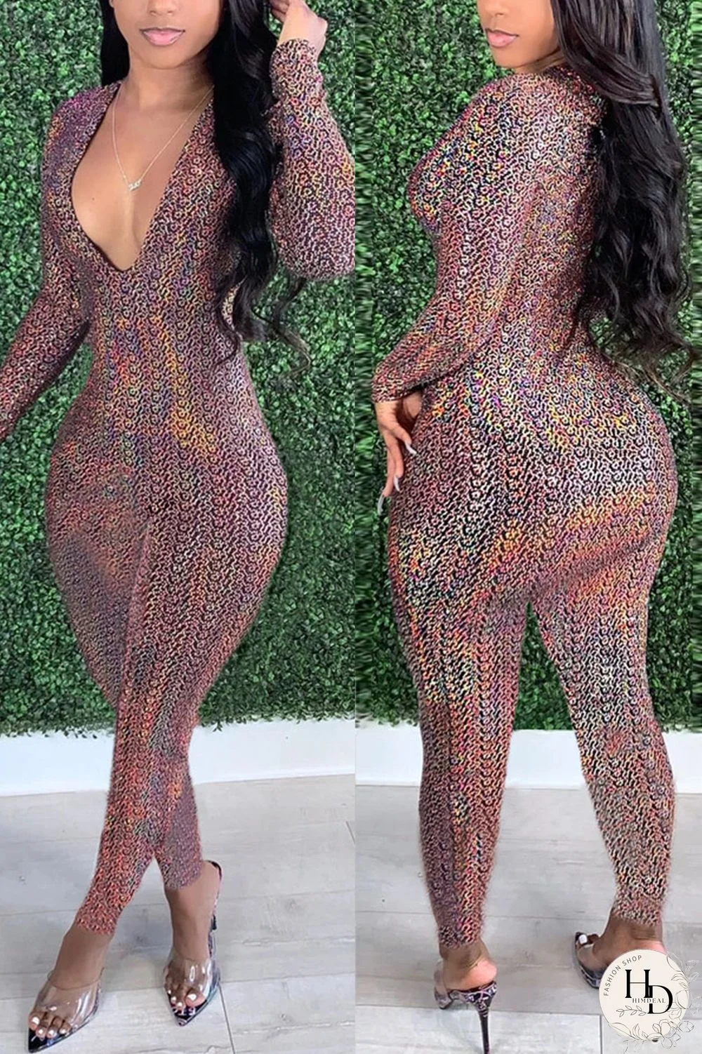 Multicolor Fashion Sexy Patchwork Basic V Neck Regular Jumpsuits