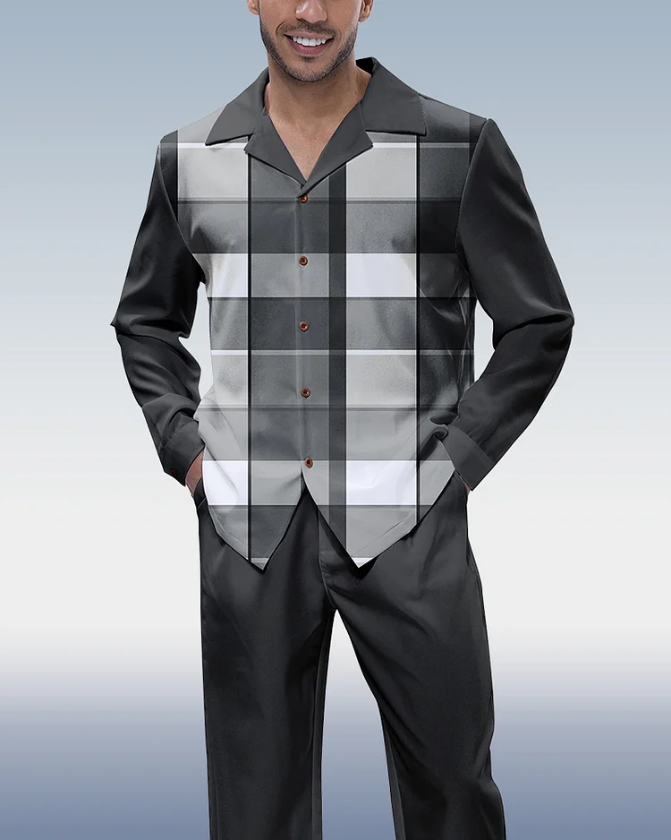 Suitmens Black Plaid Long Sleeve Shirt Walking Set