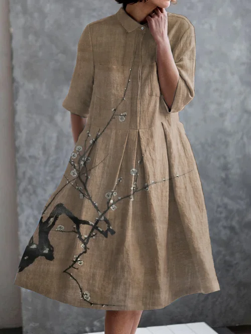 Japanese Simple Plum Blossom Casual Elegant Pocket Half Sleeve Dress