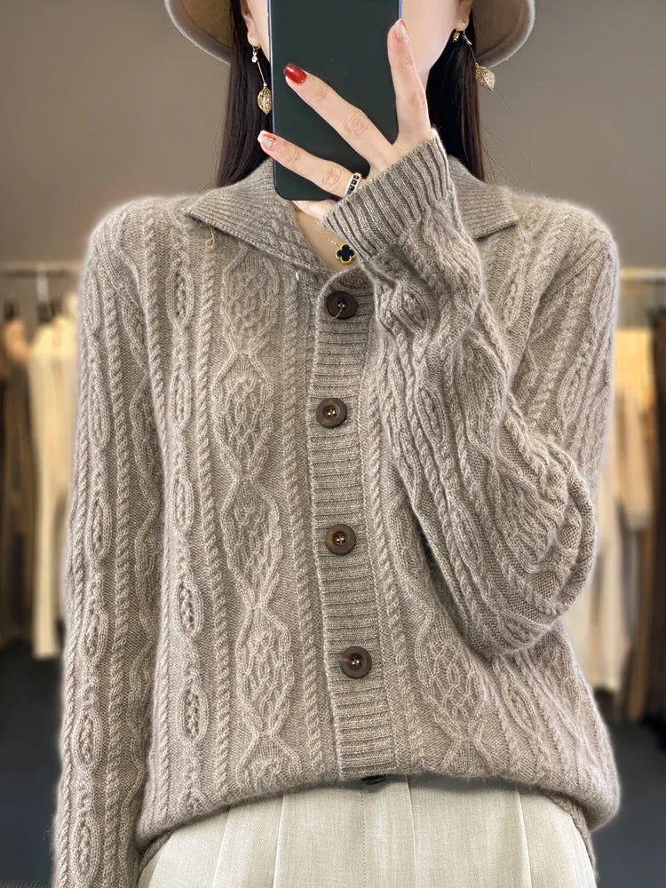 Autumn Winter Coat Women Turn-down Collar Cardigans Sweater 100% Merino Wool Knitwear Loose Twist Flower Cashmere Clothing Tops Aiertu