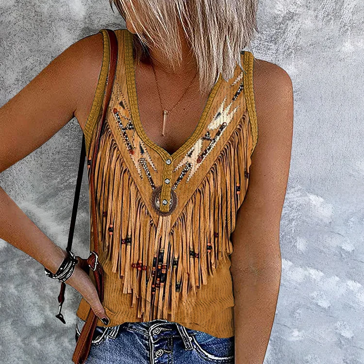 Western Tribal Leather Tassels Button Up Tank Top
