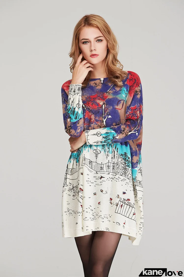 Printed Round Neck Longline Knit Top