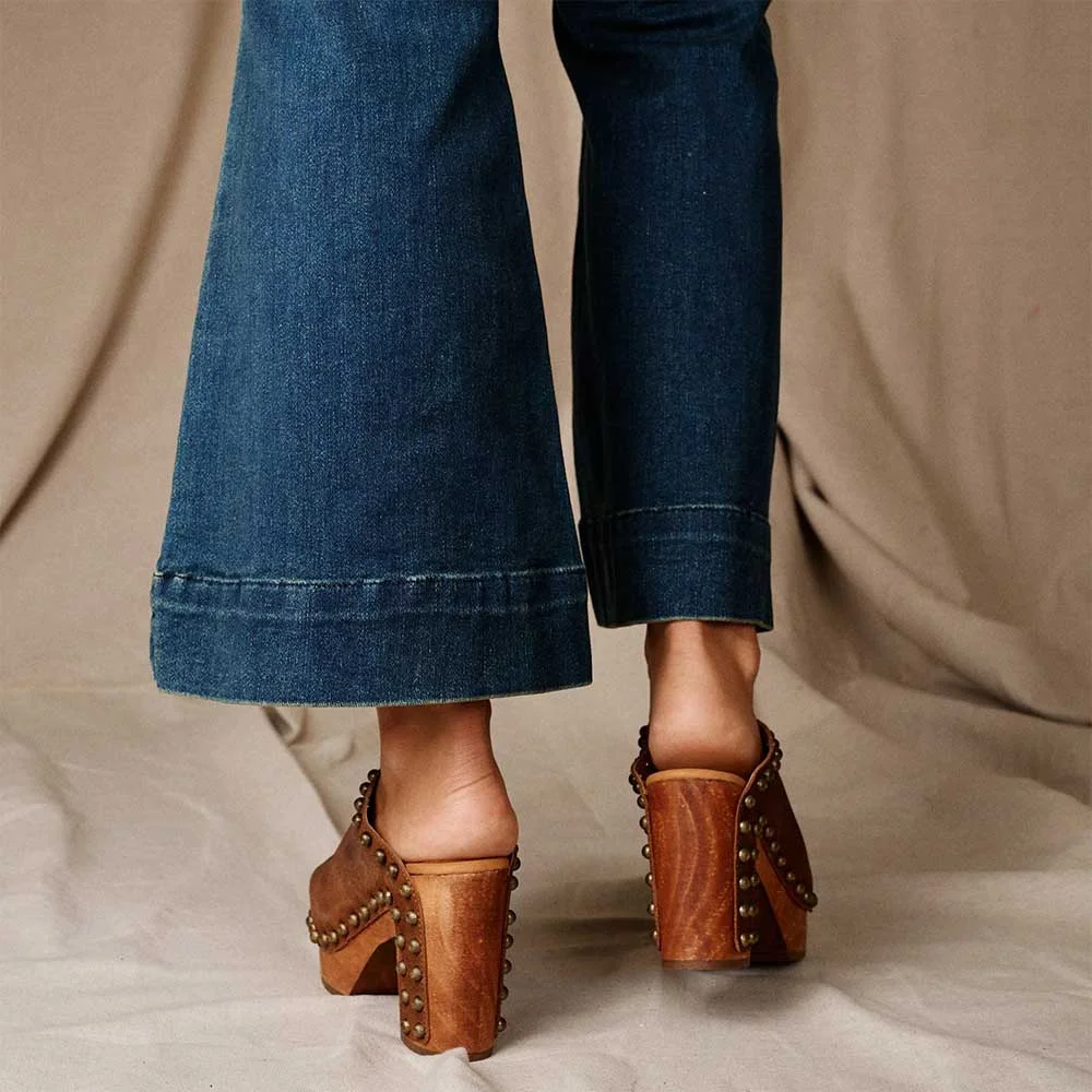 Peep Toe Block Heel Studded Clogs Brown Platform Slip On Sandals