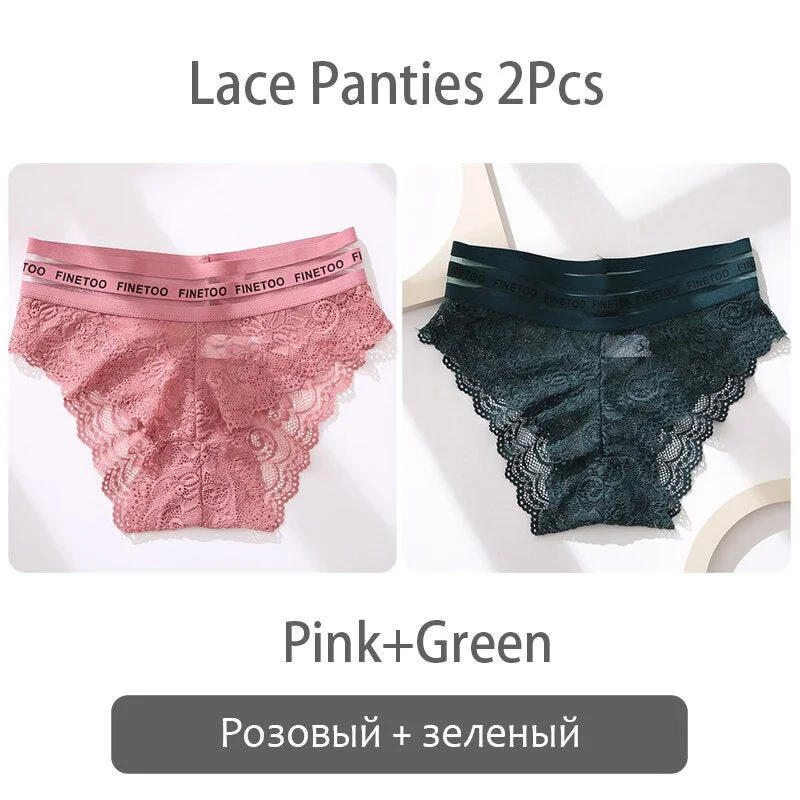 FINETOO 2Pcs Lace Panties Women Sexy Transparent Briefs Low Waist Floral Underwear Fashion Ladies Underpants L-2XL Girl Lingerie