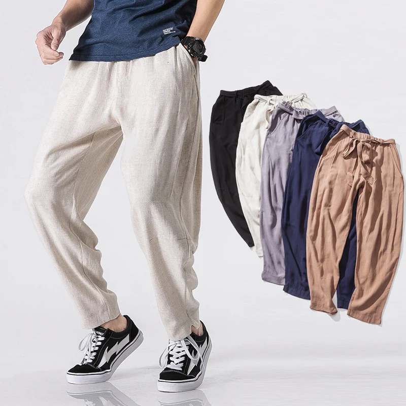 Men's Cotton And Linen Casual Solid Color Straight Trousers