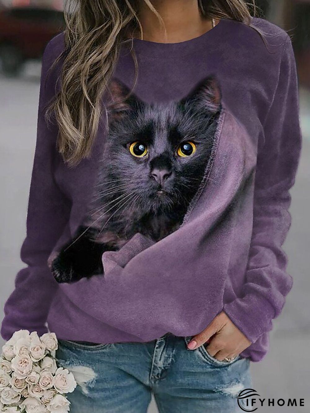 Cat Crew Neck Raglan Sleeve Casual Sweatshirt | IFYHOME