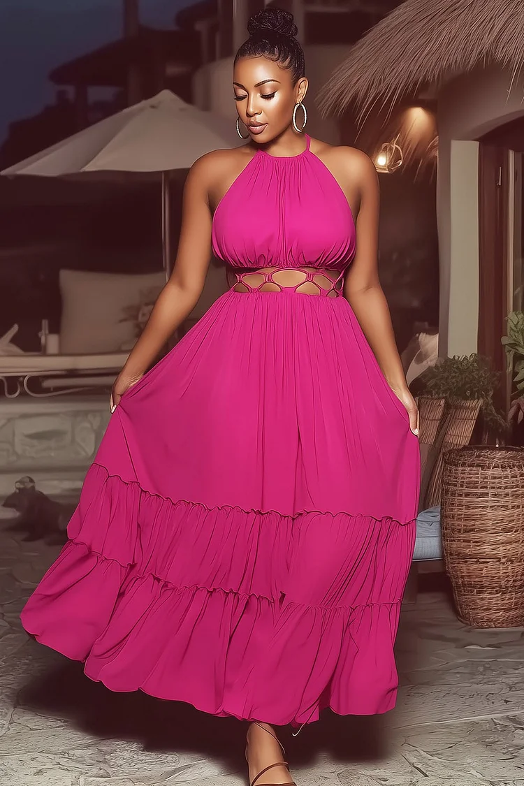 Halter Sleeveless Cutout Quilted Vacation Maxi Dresses-Fuchsia [Pre Order]