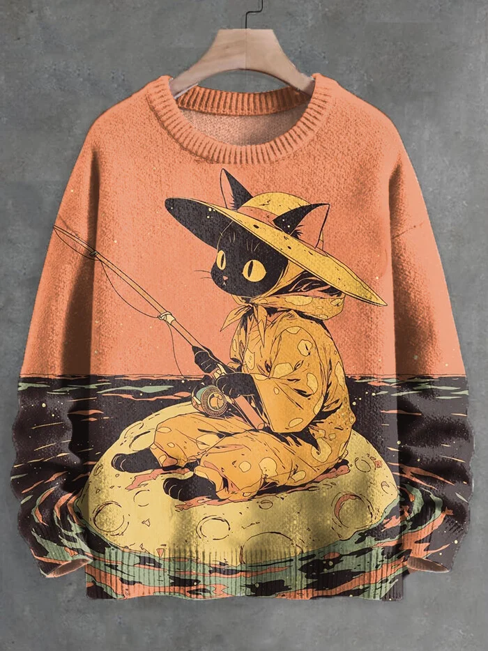 Men's Retro A Black Cat Wearing Clothes Fishing Art Print Knit Sweatshirt