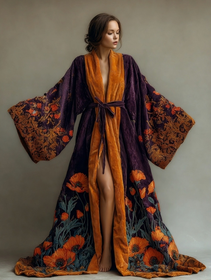 Abstract  Art Print Kimono Long Gown Autumn and Winter Robe With Belt