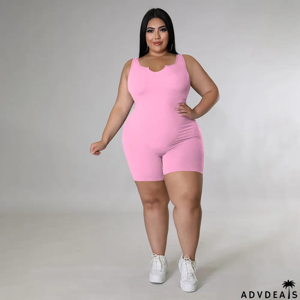 Solid Color Plus Size Rib Pit Strips Jumpsuit