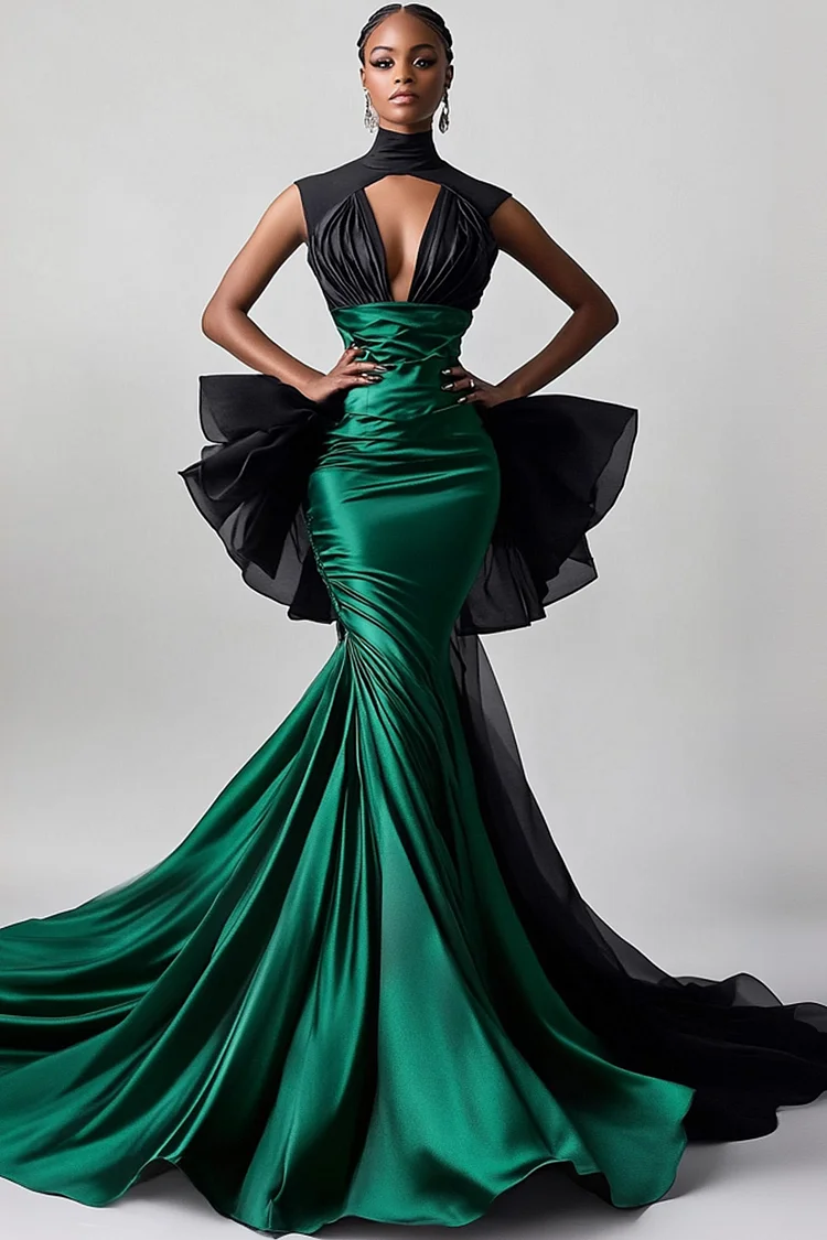 High Neck Cut Out Fishtail Satin Maxi Dress-Dark Green [Custom-Made]