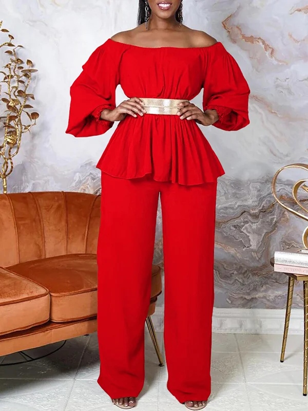 Loose Belted Elasticity Pleated Off-The-Shoulder Long Sleeves Shirts Top&Wide Leg Pants Bottom Two Pieces Set