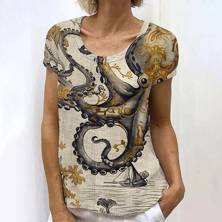Comstylish Retro Japanese Octopus Art Painting Linen Casual T-Shirt
