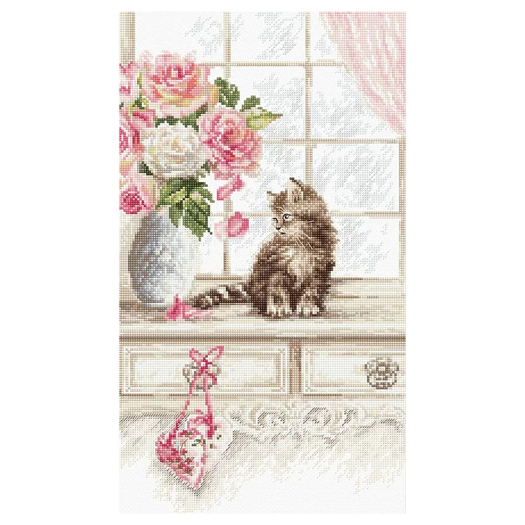 『YiShu』Cat Pink Flower - 11CT Stamped Cross Stitch(35*20cm)