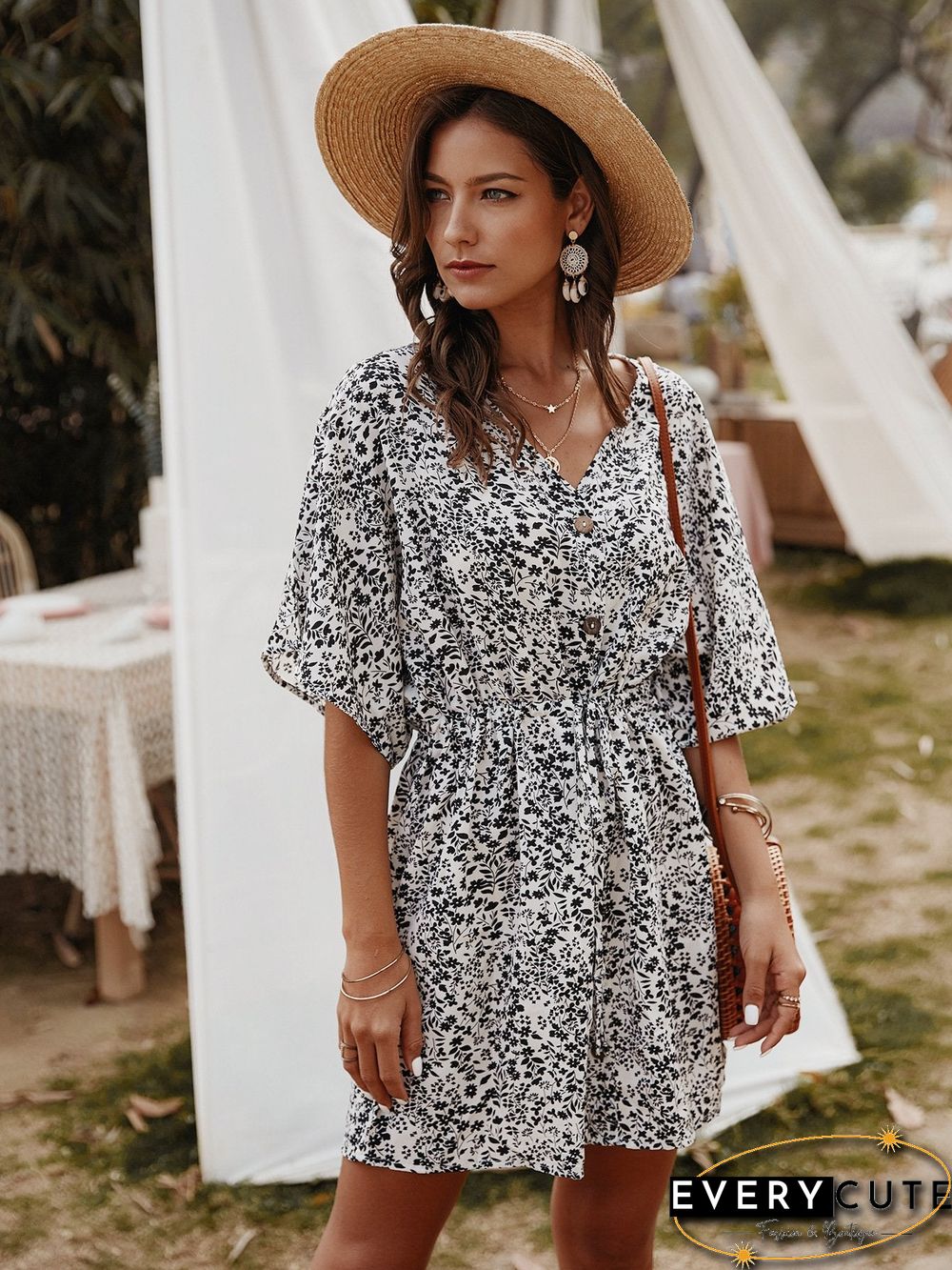 Floral V-Neck Half Sleeve Mini Dress