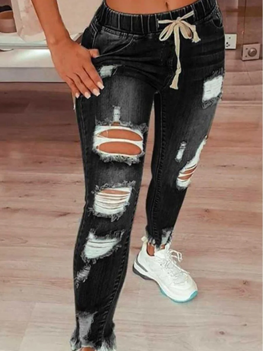 High Stretch Drawstring S-5XLClassic Distressed Ripped Raw Edges Hem Jeans Zipper Fly Solid Holes Fashion Denim Streetwears