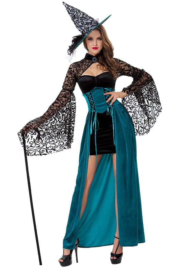 Deluxe Adult Dark Witch Dress Halloween Costume Blue-elleschic