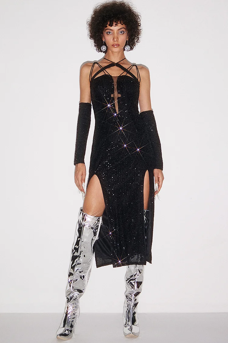 Strappy Side Split Sequin Midi Dress-Black (Without Arm Sleeve) [Pre-Order]