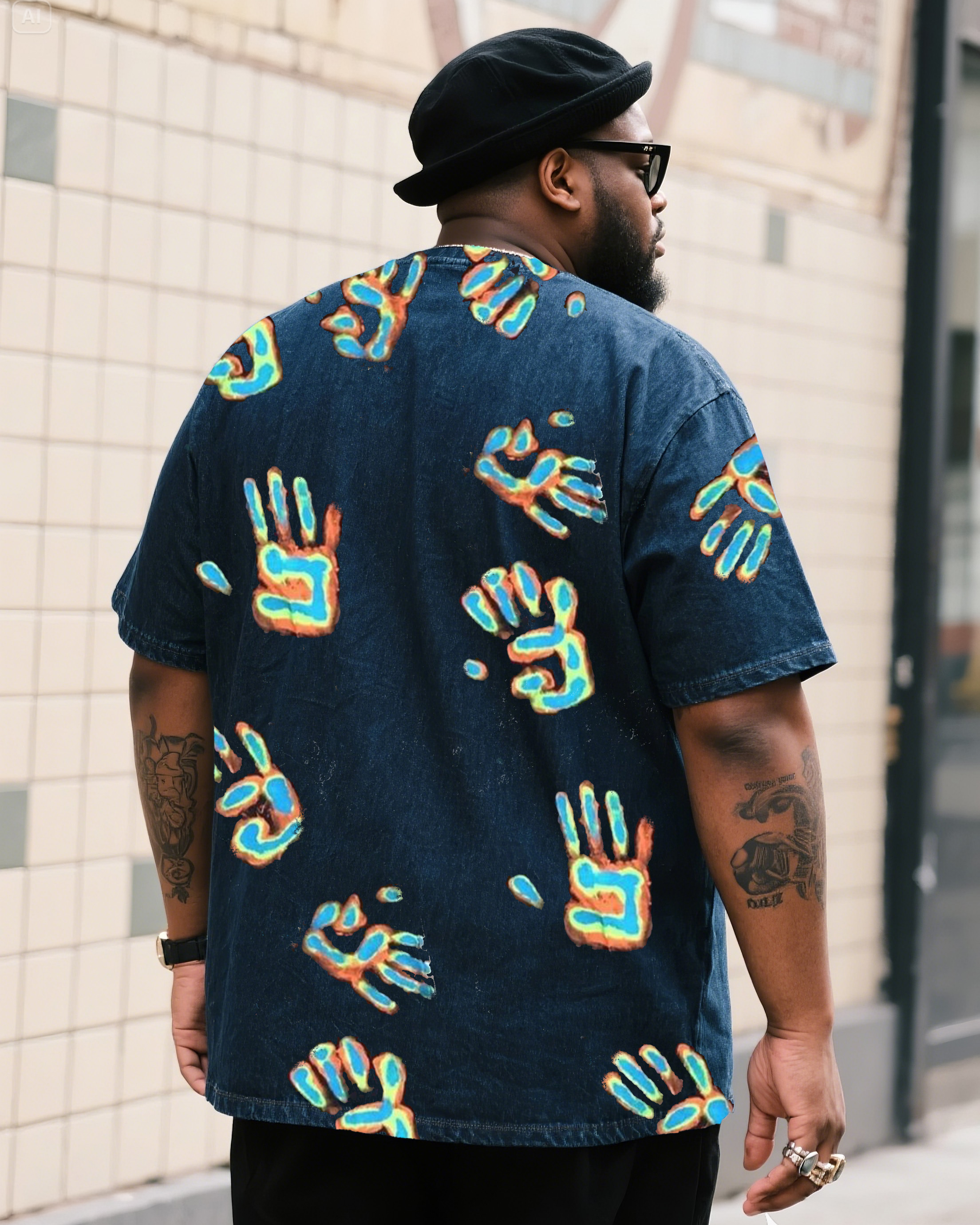 Plus Size Men's Fashion Street Handprint Graffiti Print Denim Short Sleeve T-shirt