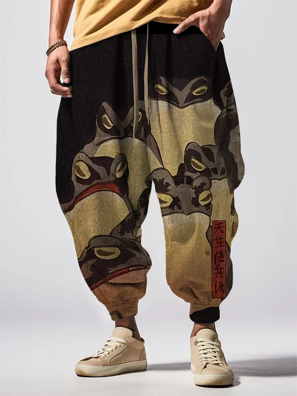 Men's Vintage Frog Japanese Art Print Loose Drawstring Waist Sweatpants