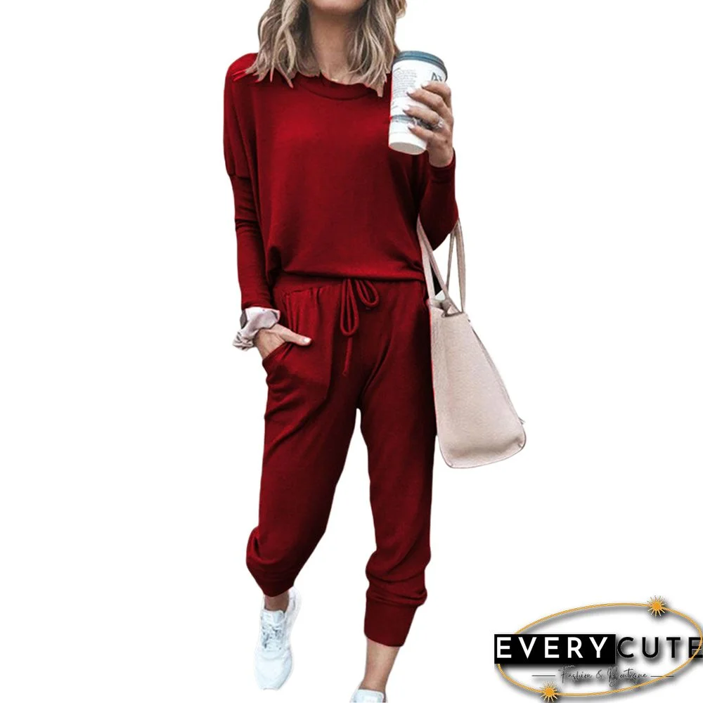 Wine Red Long Sleeve Casual Top and Pant Set