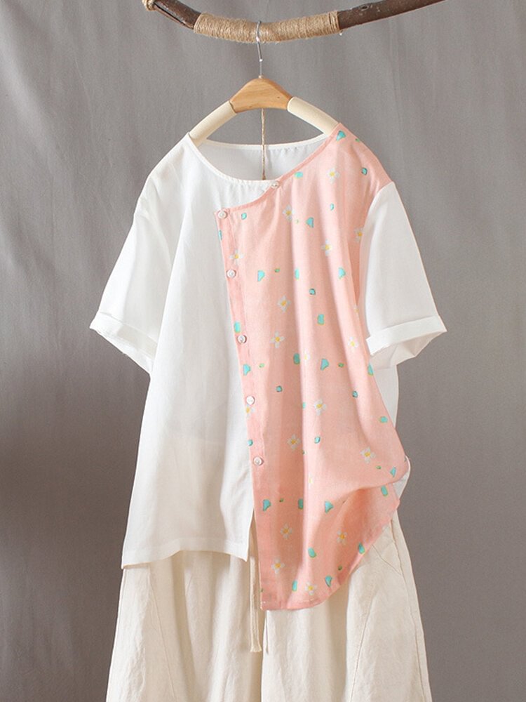 Vintage Printed O neck Patchwork Split Short Sleeve T shirt P1724699