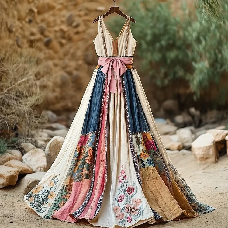 Women's Vintage Floral Art Linen Dress