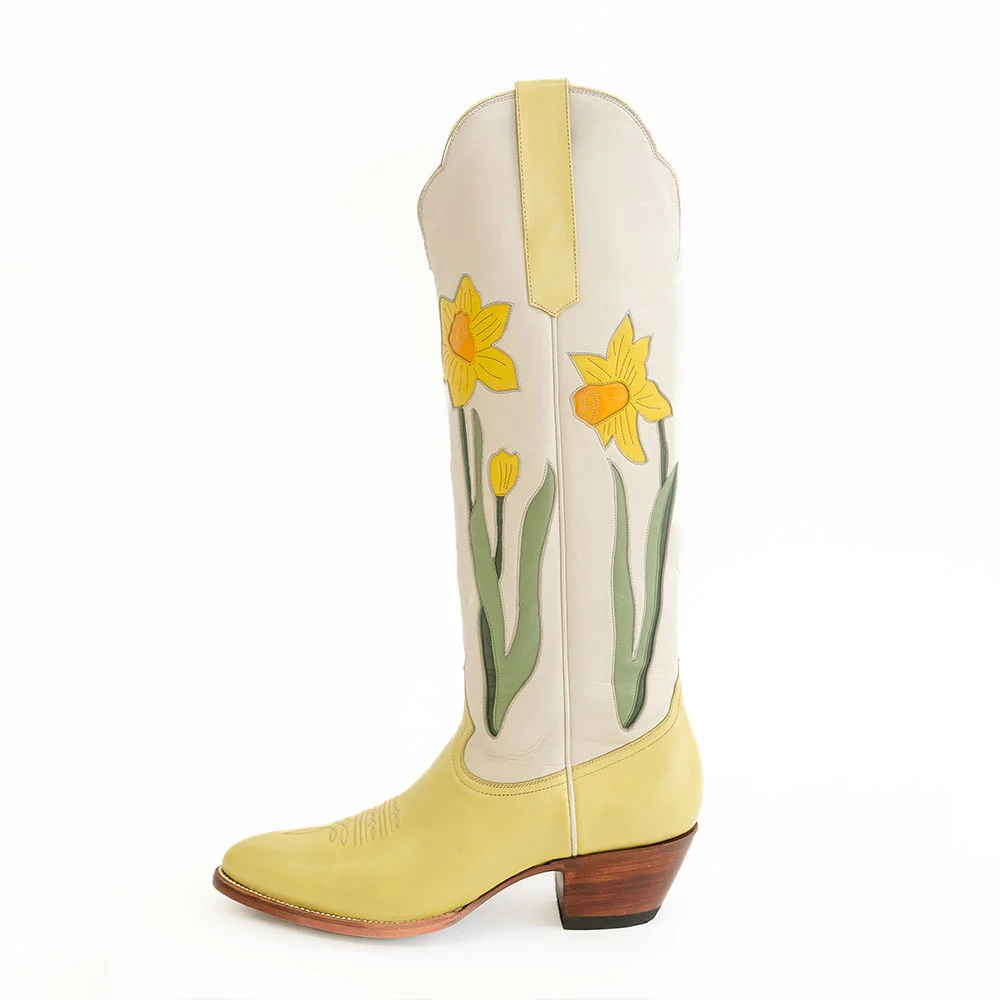 Yellow & Ivory Chunky Heel Daffodil Inlay Cowgirl Boots fo Women