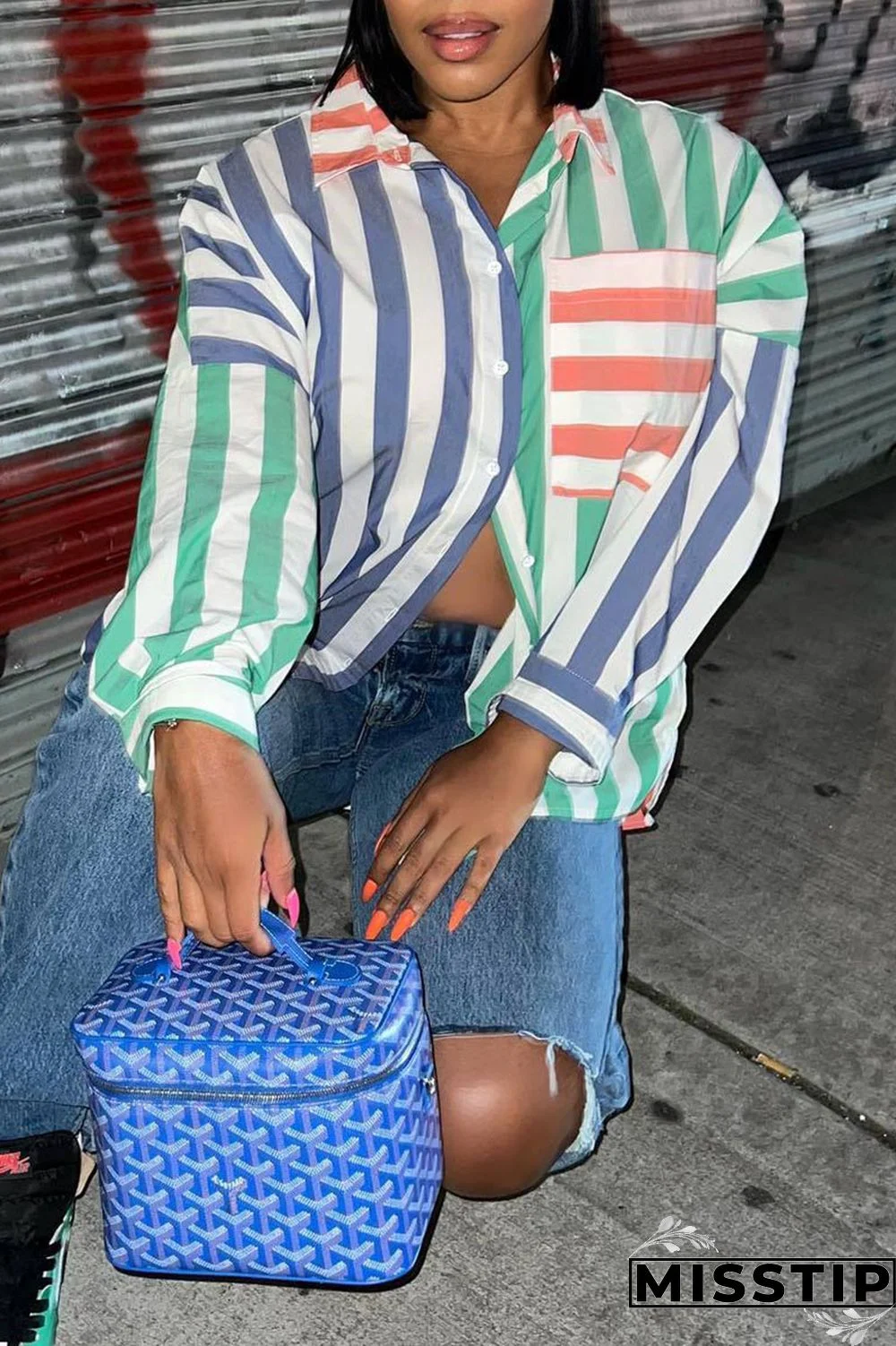 Blue Casual Striped Print Patchwork Buckle Turndown Collar Tops