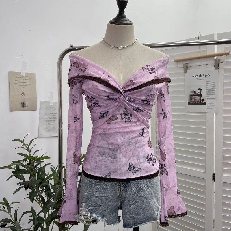 Churchf Vintage Oil Painting Print Collar A Word Twisted Folded Short-Sleeved Trumpet Blouse 9907