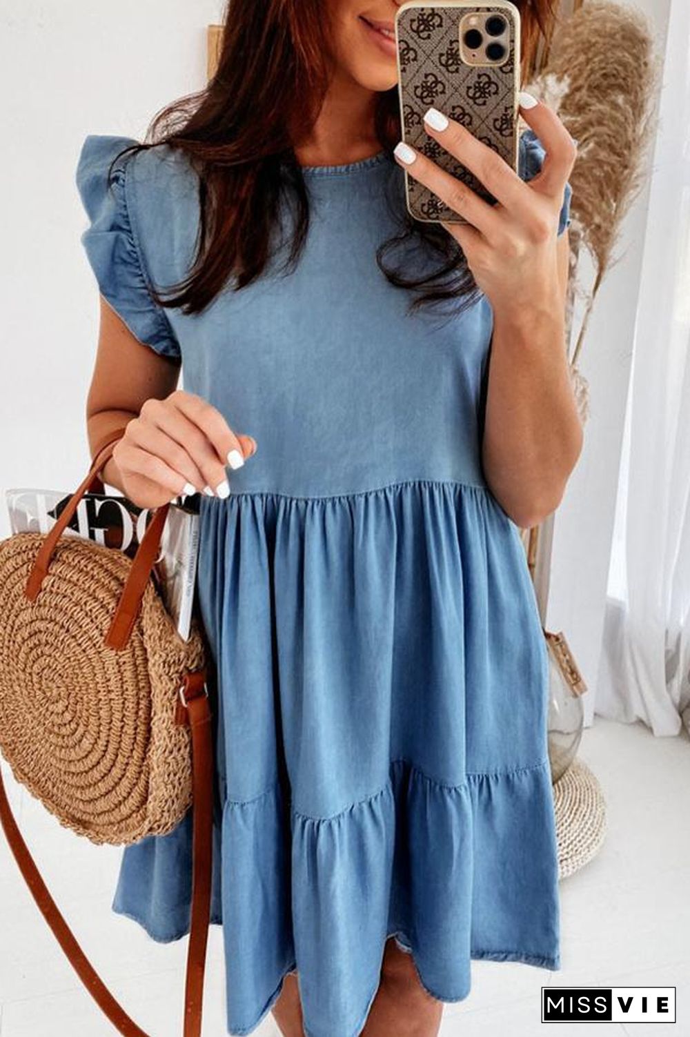 Denim Solid Short Sleeve Tired Dress