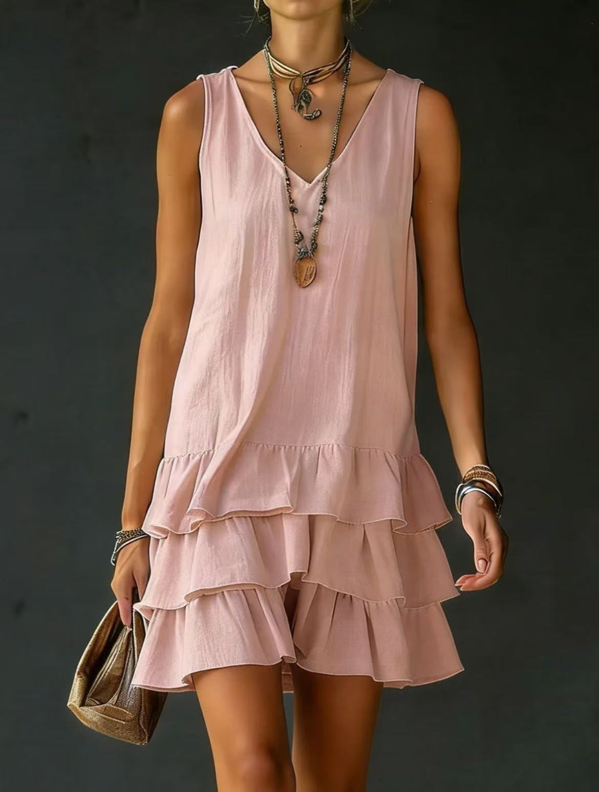 Women&rsquo;s Sleeveless V-Neck Loose Tiered Ruffle Hem Solid Casual Mini Dress