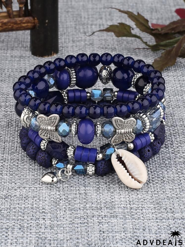 4pcs Shell & Heart Charm Beaded Bracelet
