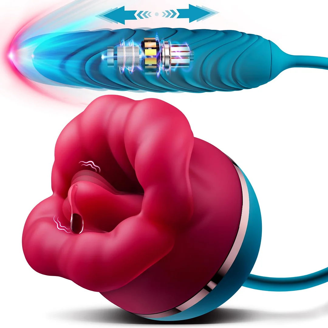 3in1 Big Mouth Rose -shaped Vibrator With 9 Tongue Licking & 6 Thrusting G Spot Dildo