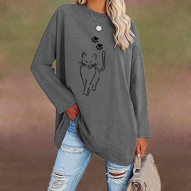 Cat Print Crew Neck Long Sleeve T-Shirt