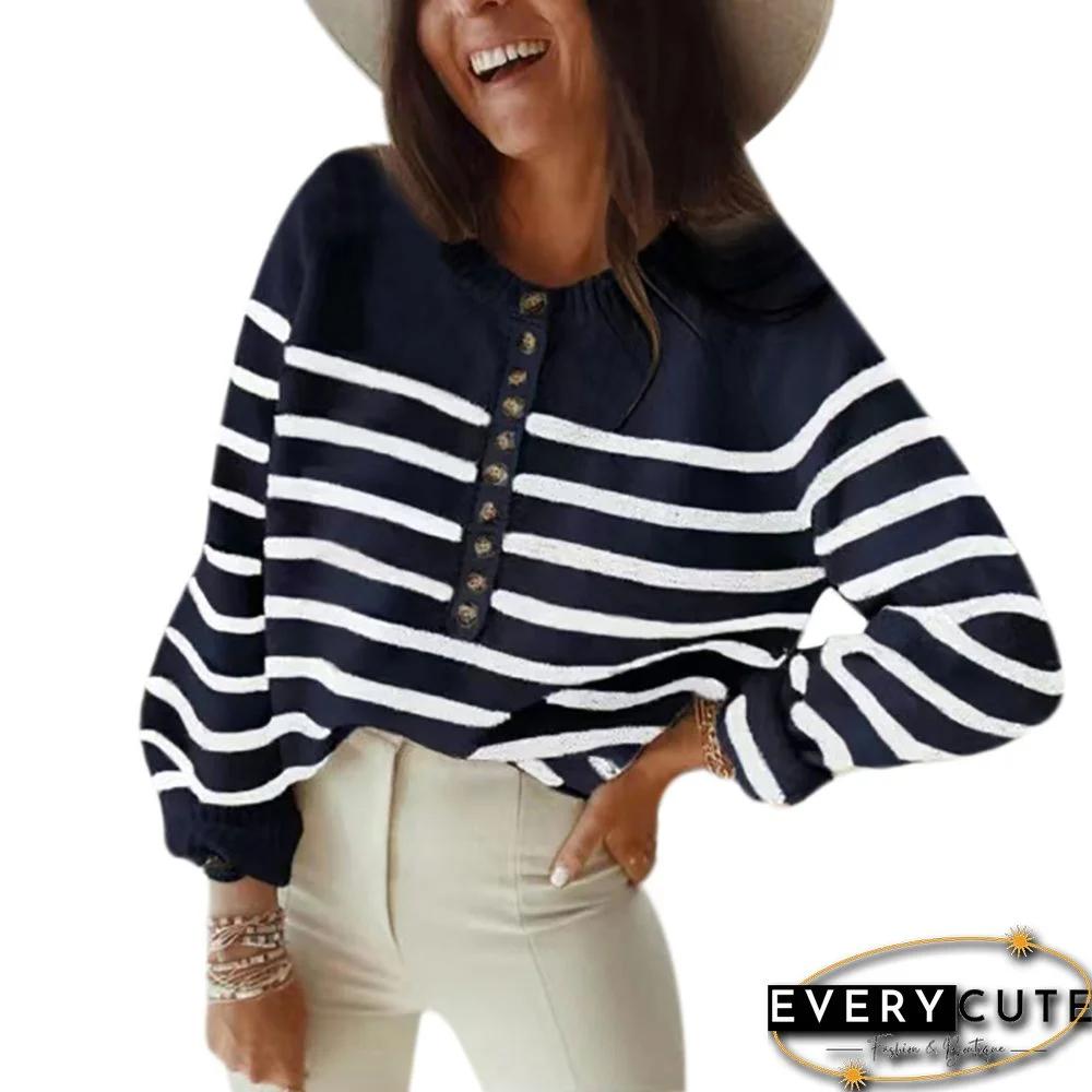 Navy Blue Striped Button Detail Pullover Sweater