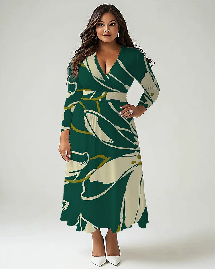 Plus Size Women's Fashion Prints Long Sleeve V Neck Dress