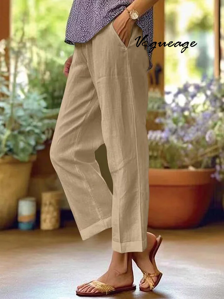 Loose Solid Color Elastic Waist Pocket Straight Cotton And Linen Casual Pants
