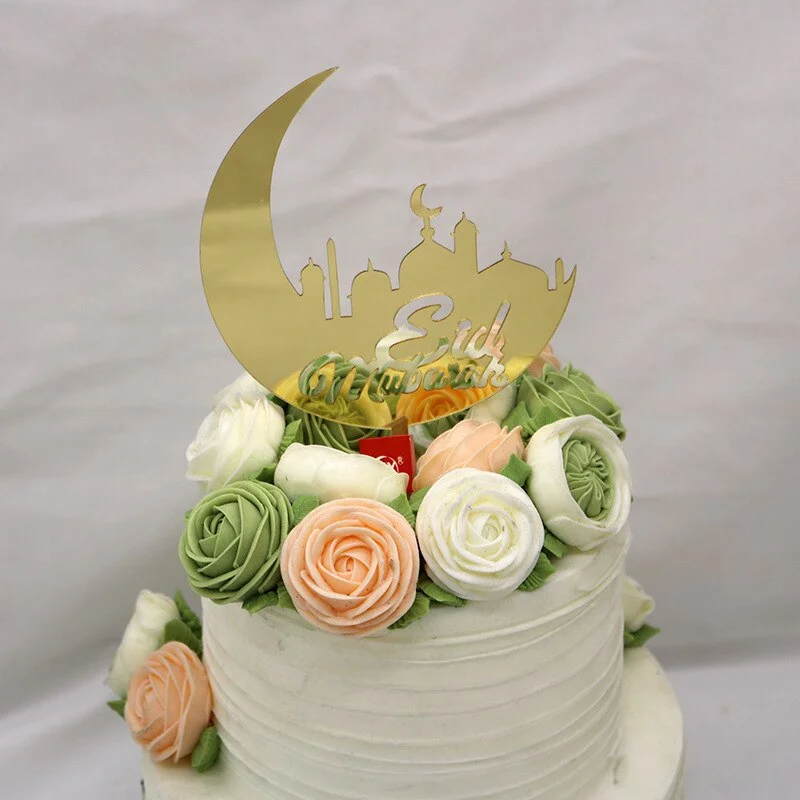 Eid Mubarak Cake Topper Gold Acrylic Cupcake Topper for Hajj Ramadan Mubarak Kareem Cake Decorations Muslim Baking Cake Supplies