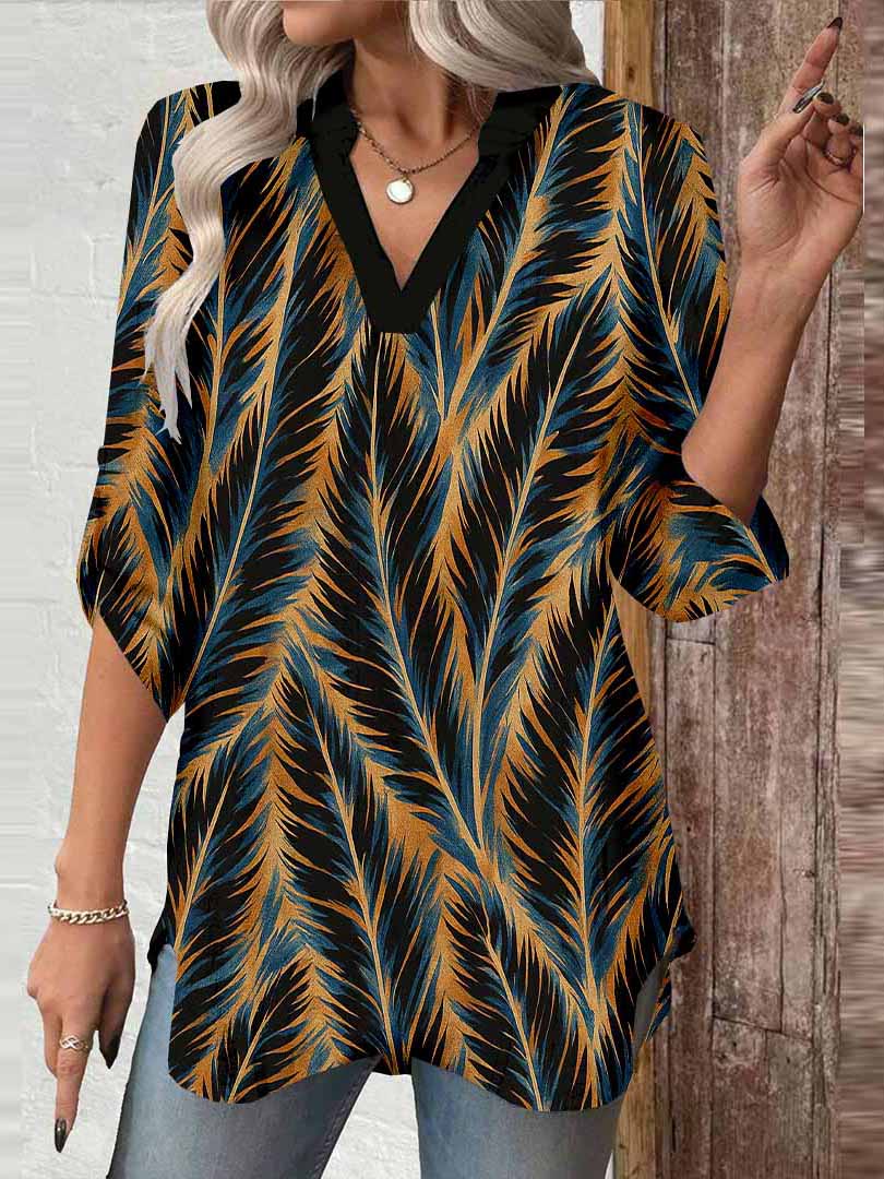 Women Textured, Colorful, Black DZGA0210 3/4 Sleeve V-neck Printed Graphic Button Tops