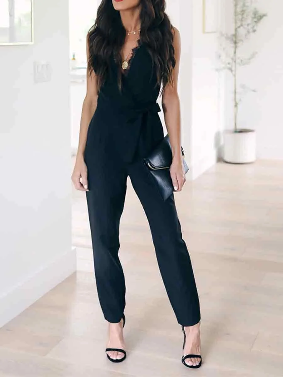 Lace Splicing Solid Color V-Neck Jumpsuits