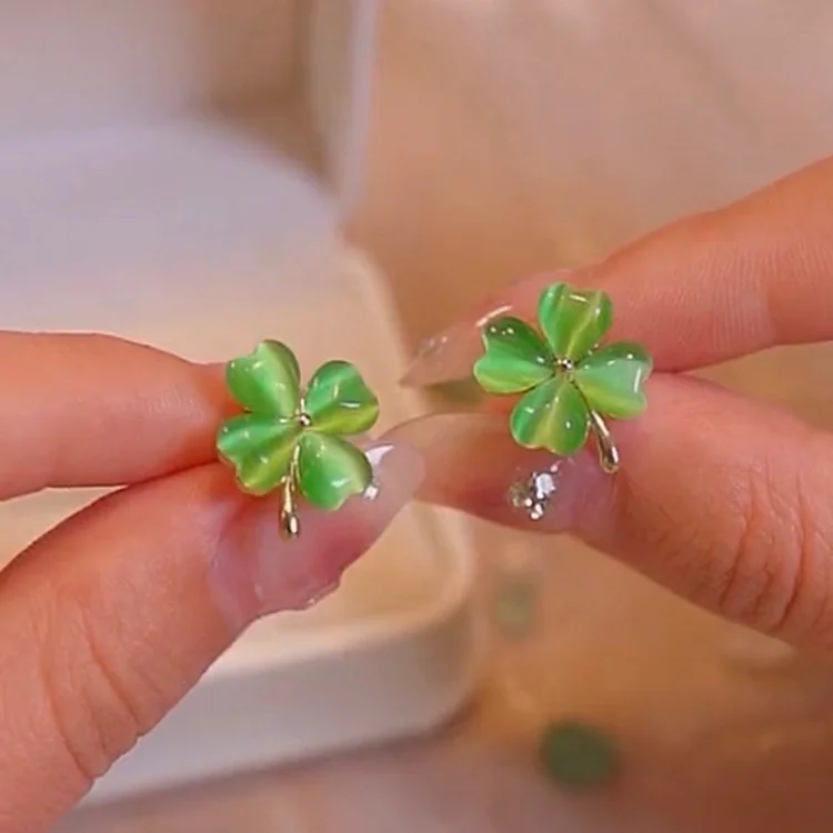 Lucky 4-Leaf Clover Stud Earrings - Vibrant Green Opal